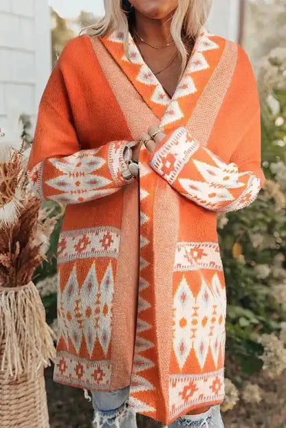 Aztec Open Front Longline Knit Cardigan Women UK