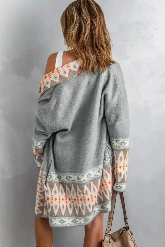 Aztec Open Front Longline Knit Cardigan Women UK