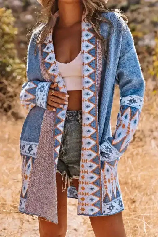 Aztec Open Front Longline Knit Cardigan Women UK