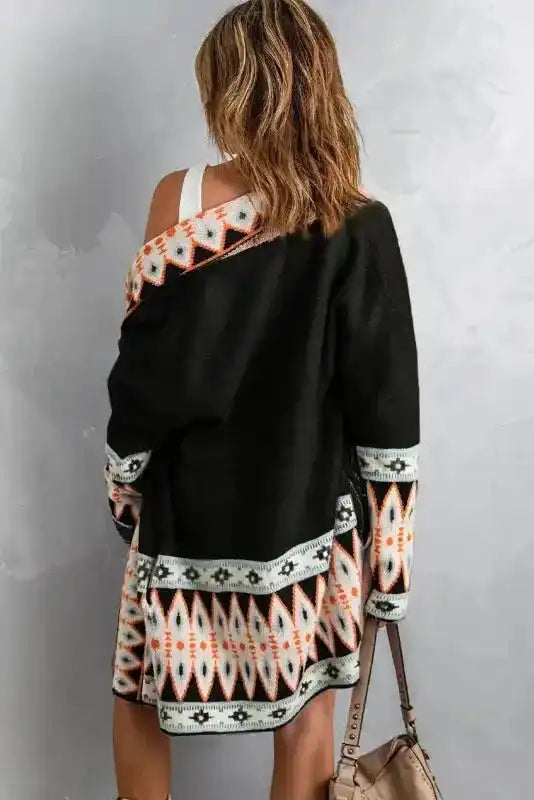 Aztec Open Front Longline Knit Cardigan Women UK