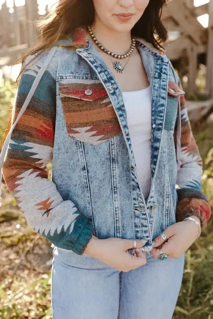 Aztec Print Frayed Hem Denim Jacket Women UK