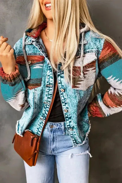 Aztec Print Frayed Hem Denim Jacket Women UK