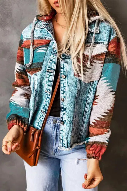 Aztec Print Frayed Hem Denim Jacket Women UK