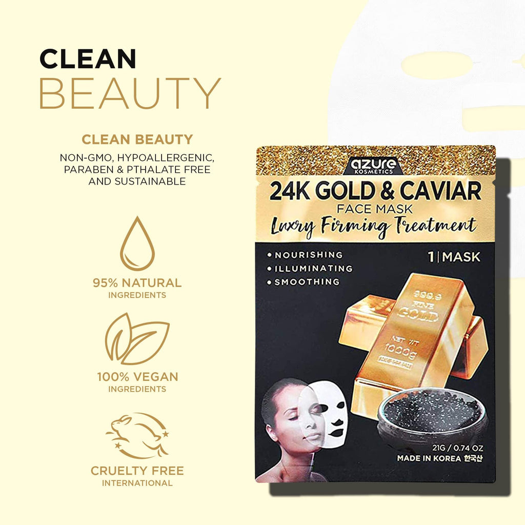 Azure Cosmetics 24K Gold & Caviar Anti-Aging Luxury Face Mask – Hydrating & Firming (Pack of 5)