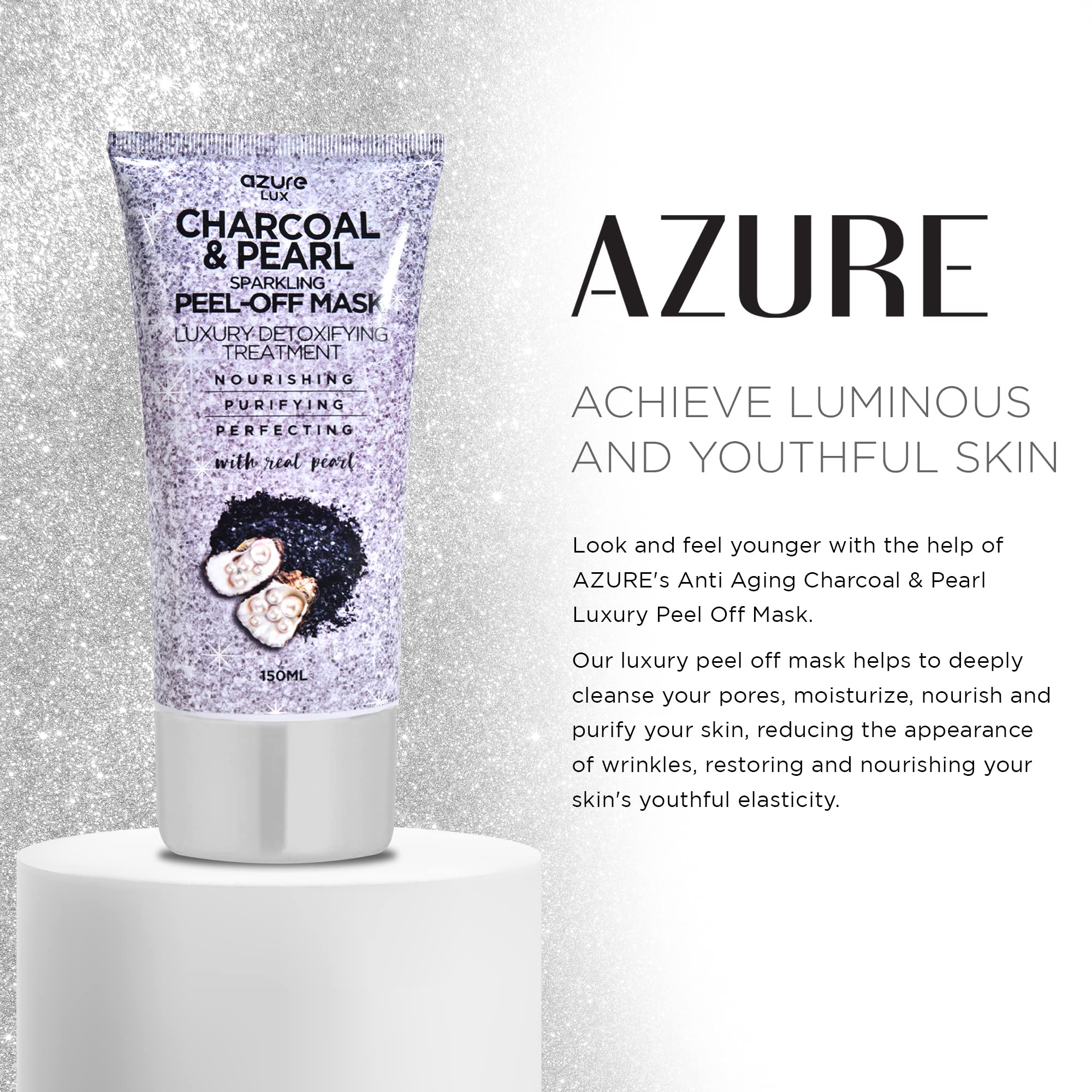 Azure Cosmetics Charcoal & Pearl Sparkling Peel-Off Mask | Korean Skincare for Anti-Aging, Dirt & Oil Control | Hyaluronic Acid & Collagen – 150 ml
