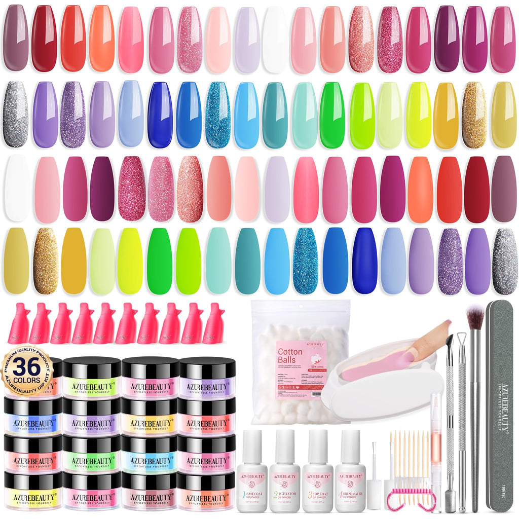 AZUREBEAUTY 170Pcs Dip Powder Nail Kit – 36 Neon Colors (Blue & Yellow), No Lamp Needed, Base/Top/Activator, Remover Kit