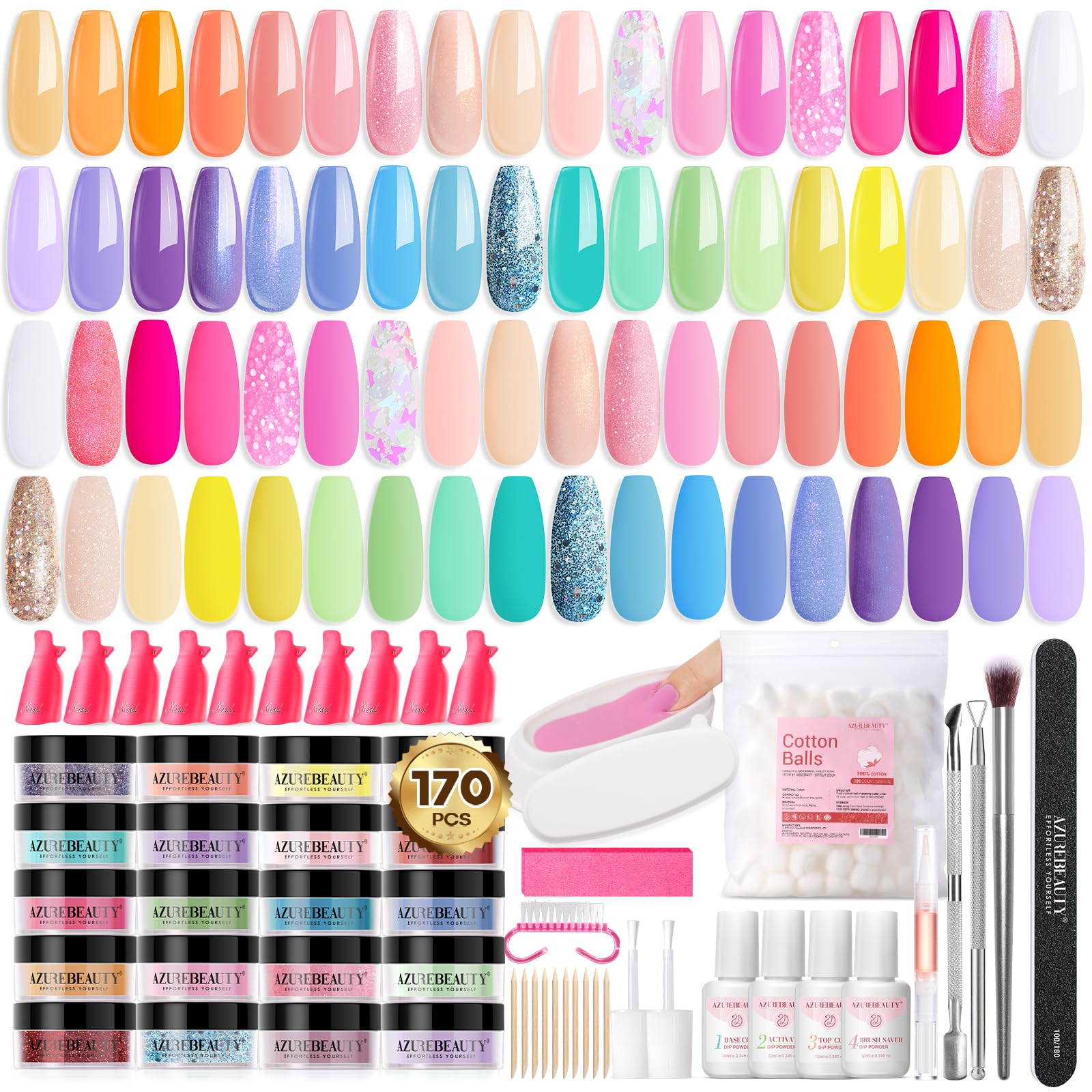 AZUREBEAUTY 170Pcs Dip Powder Nail Kit Starter – 36 Colors, No Lamp Needed