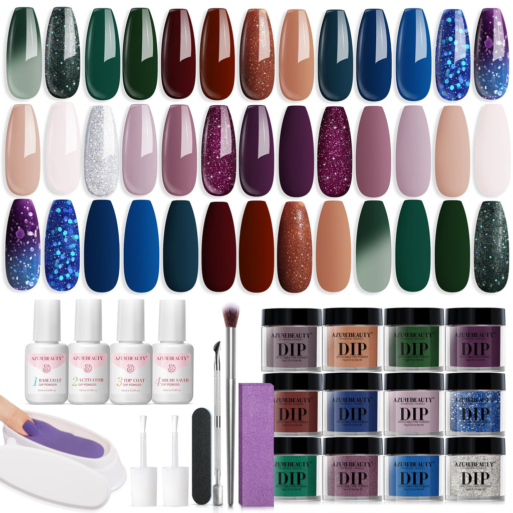 AZUREBEAUTY 31-Pcs Dip Powder Starter Kit – 20 Colors, Recycling Tray, Base/Top/Activator