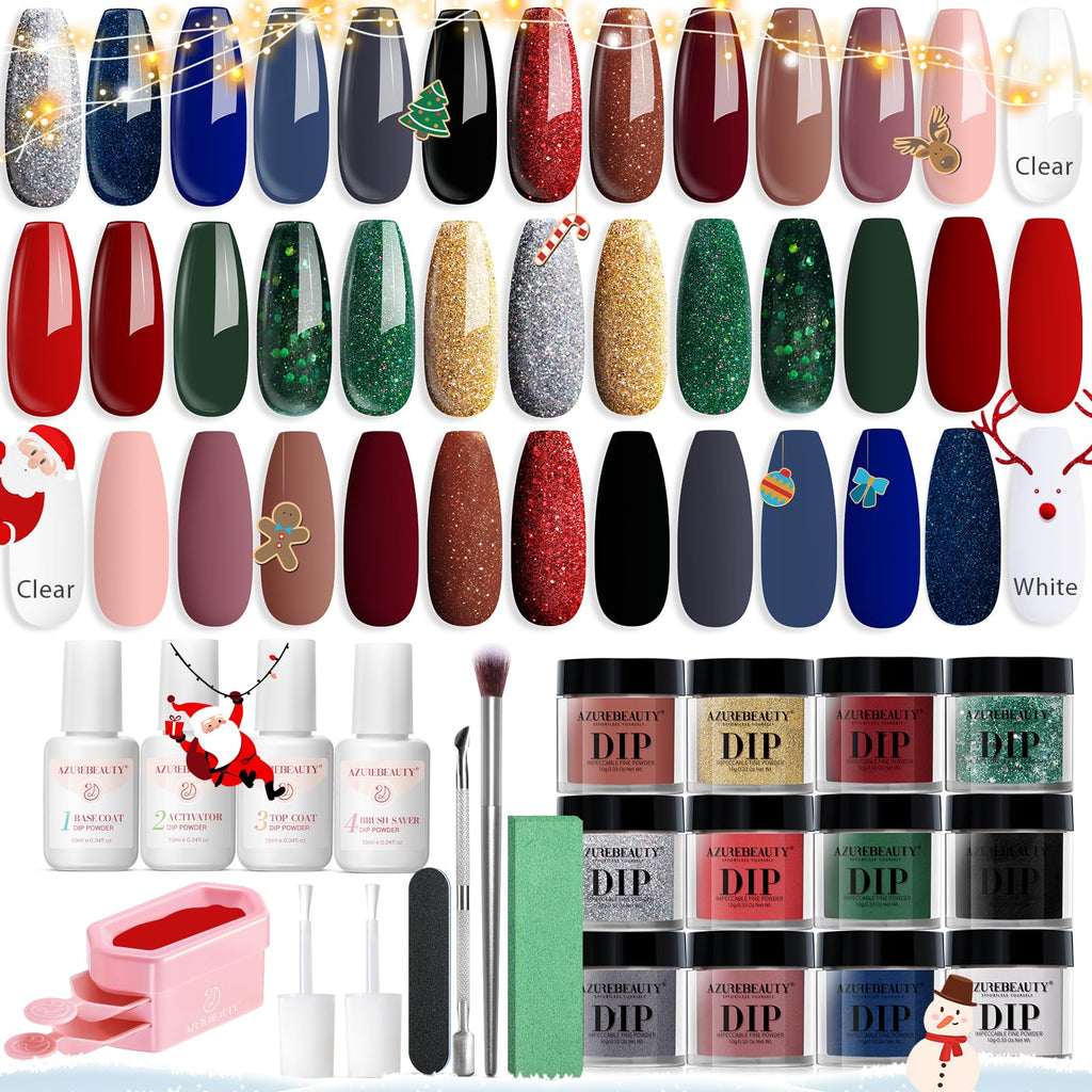 AZUREBEAUTY 31-Pcs Dip Powder Nail Starter Kit – Christmas Colors, No Lamp Needed