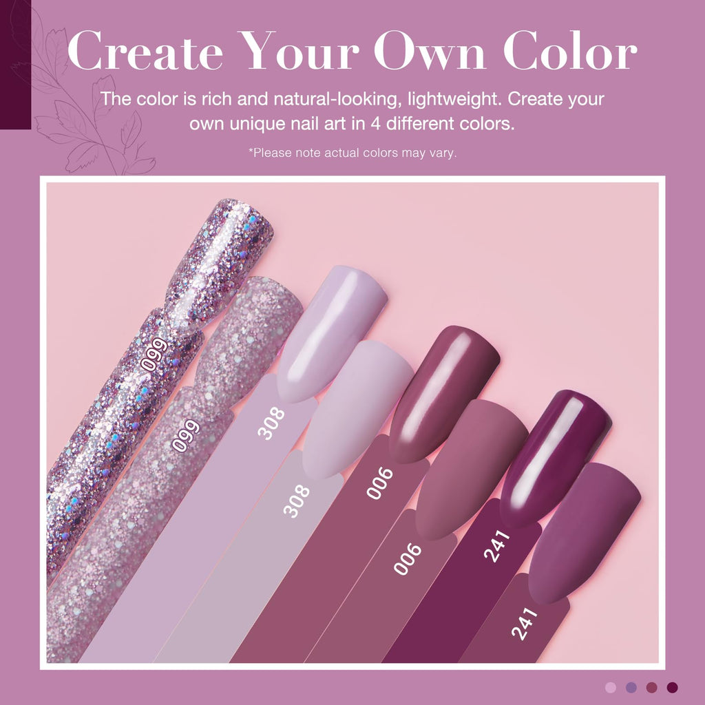 AZUREBEAUTY Dip Powder Nail Kit — 4-Color Set (Dark Purple, Lilac, Glitter) with Base, Top Coat & Activator