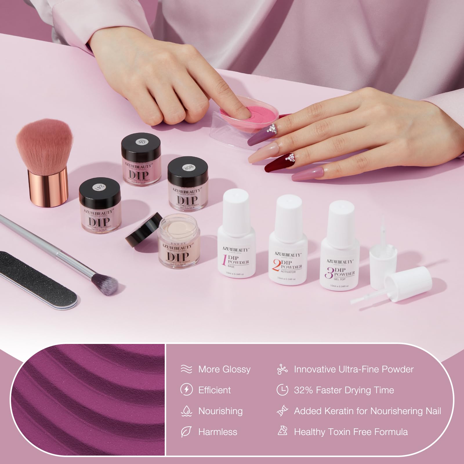 AZUREBEAUTY 31-Pcs Dip Powder Starter Kit – 20 Colors, Recycling Tray, Base/Top/Activator