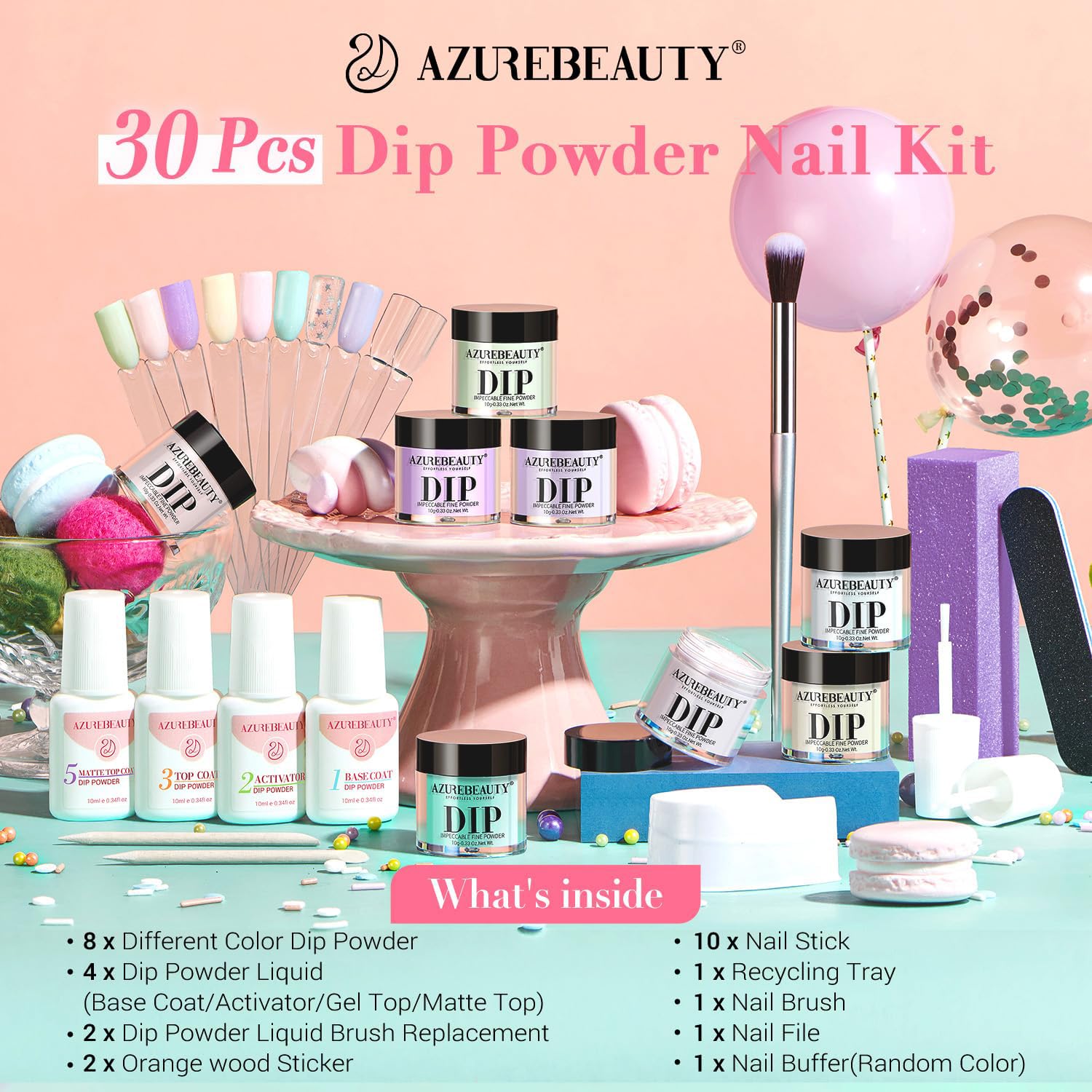 AZUREBEAUTY 30Pcs Dip Powder Kit Starter – 8 Summer Macarons Colors (Pink, Pastel Blue, Green Glitter) + Base/Activator/Matte Top Coat