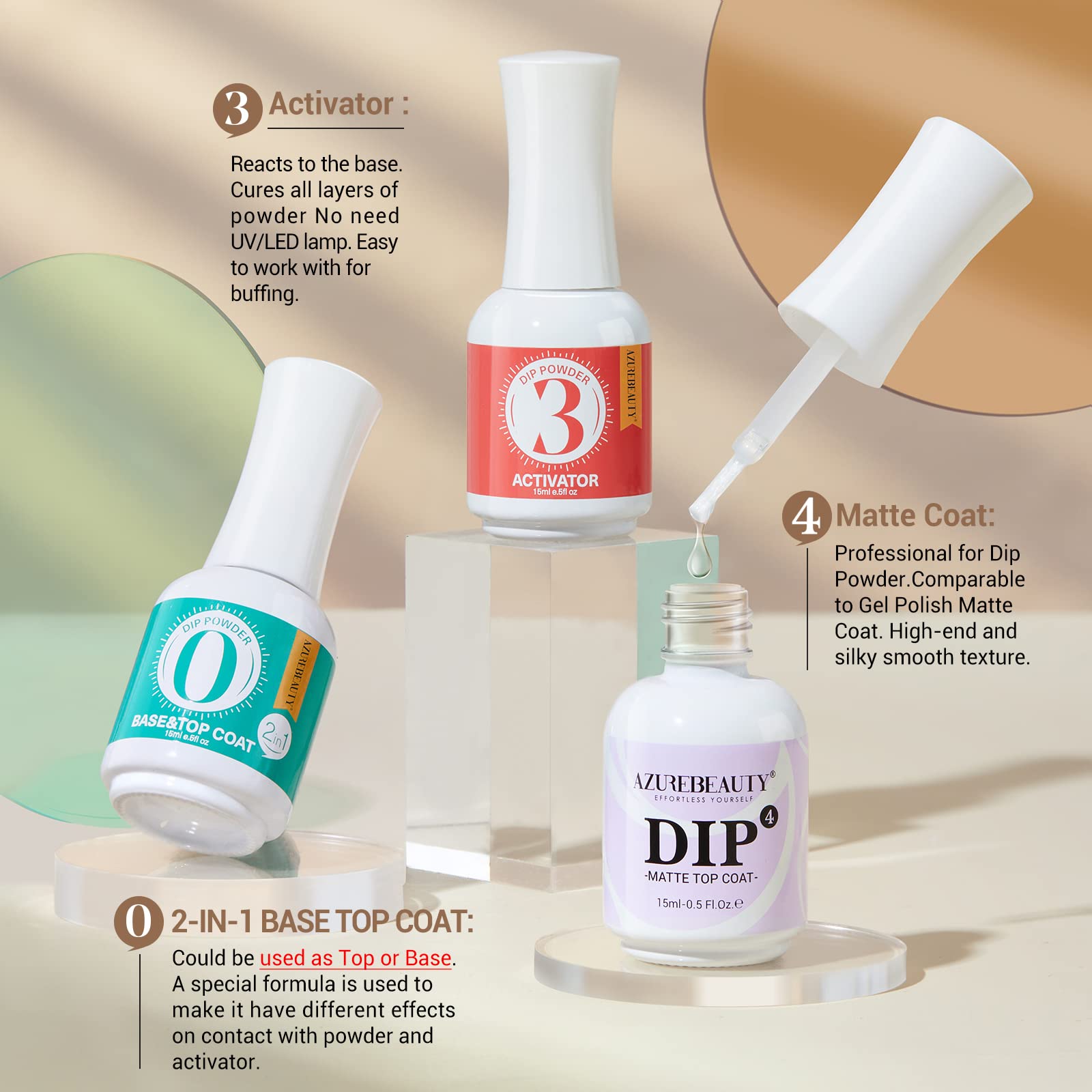 AZUREBEAUTY Dip Powder Liquid Set – Base & Top Coat, Activator, Matte Top Coat (15 ml) • Fast Dry, No Lamp Needed