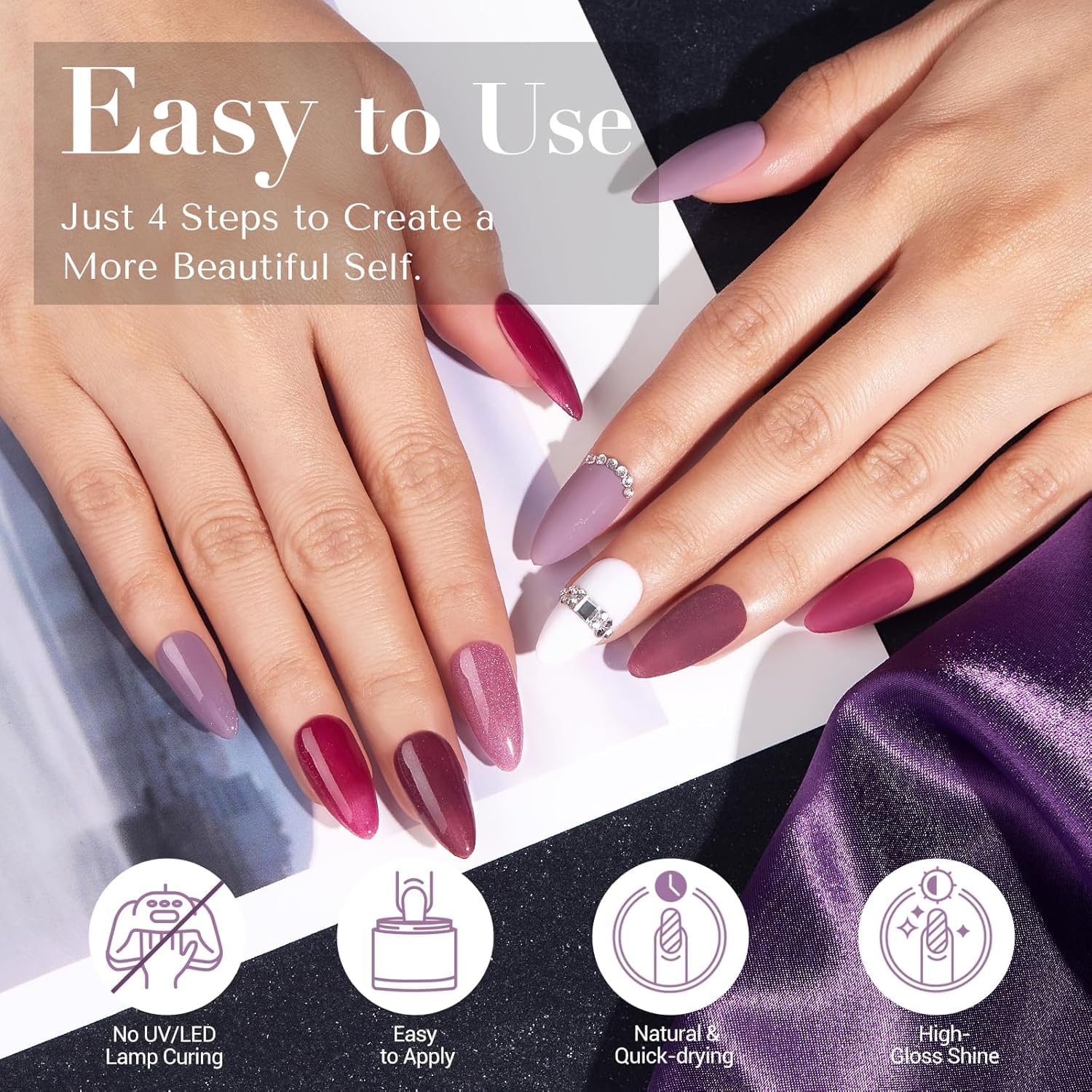 AZUREBEAUTY Dip Powder Nail Kit — 4-Color Set (Dark Purple, Lilac, Glitter) with Base, Top Coat & Activator