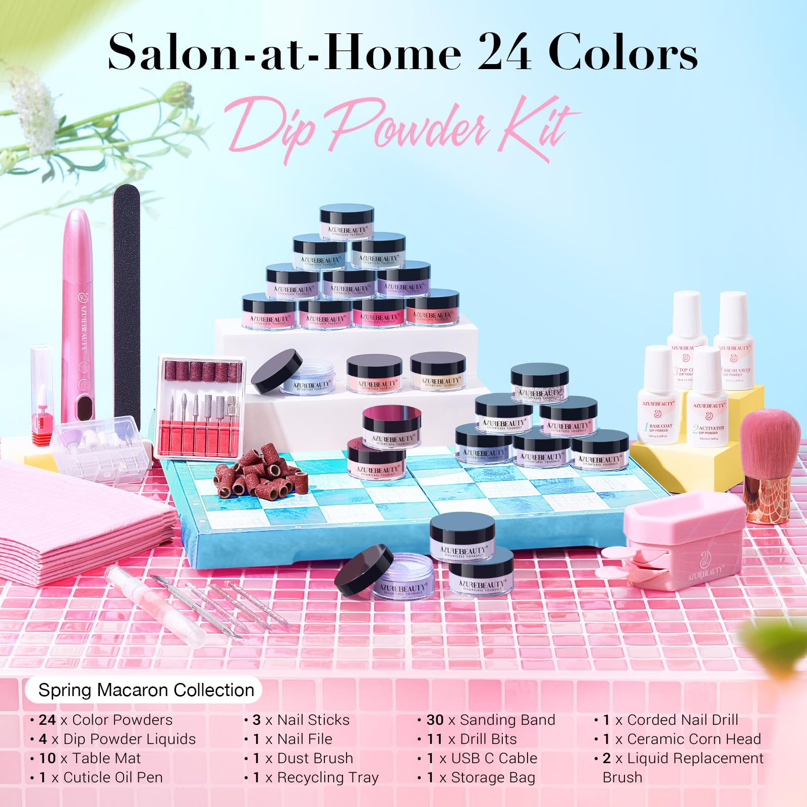 AZUREBEAUTY Dip Powder Nail Kit with Electric Drill – 24 Macaron Colors