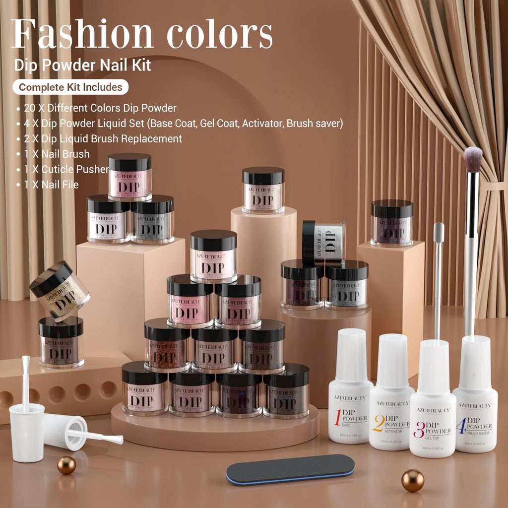 AZUREBEAUTY Dip Powder Nail Kit | 20 Neutral Browns & Base/Top/Activator