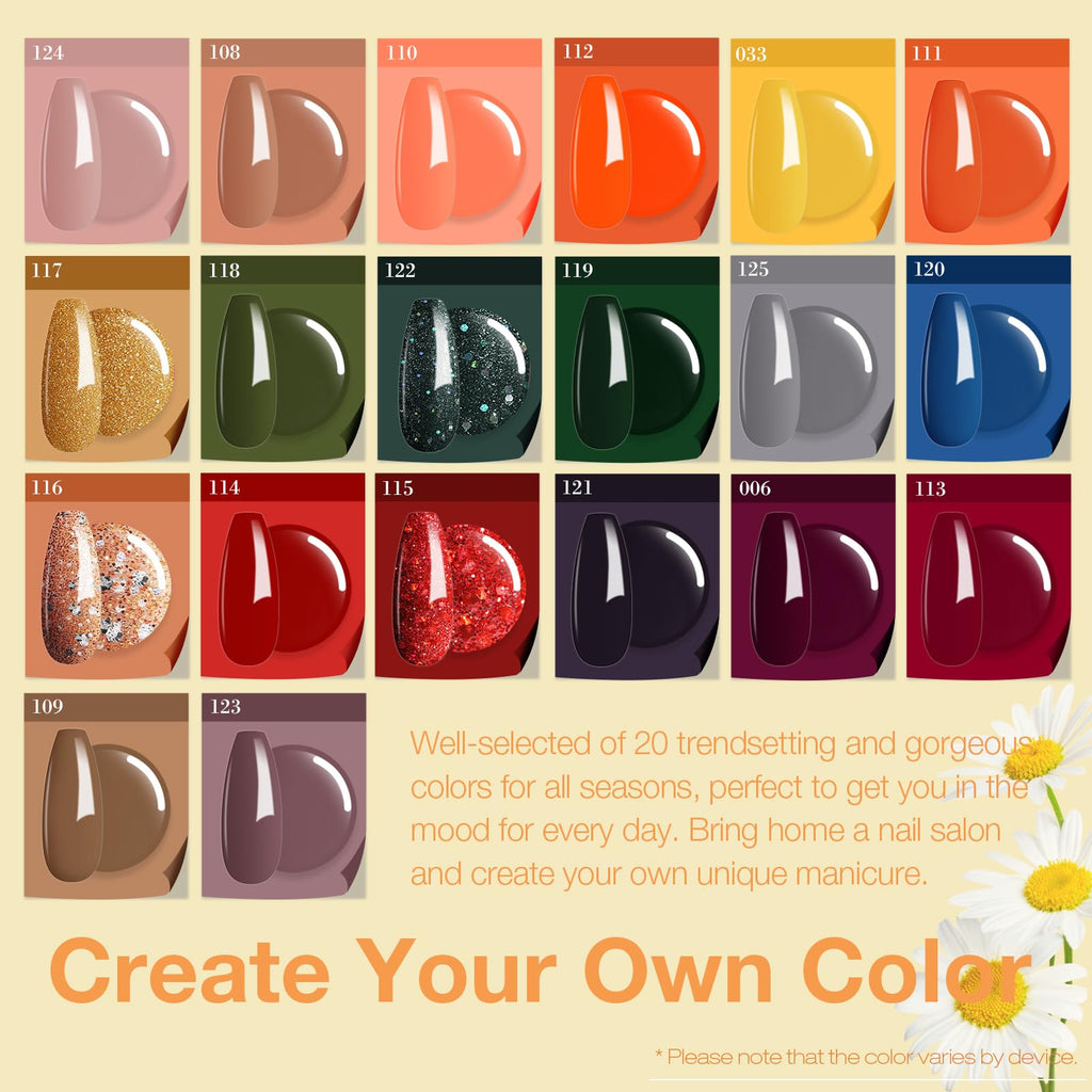 AZUREBEAUTY Dip Powder Nail Kit Starter – 20 Colors (Orange/Green/Glitter/Red) with Base & Top Coat, No Lamp Needed