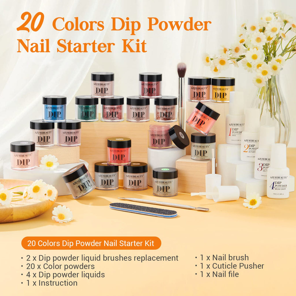 AZUREBEAUTY Dip Powder Nail Kit Starter – 20 Colors (Orange/Green/Glitter/Red) with Base & Top Coat, No Lamp Needed