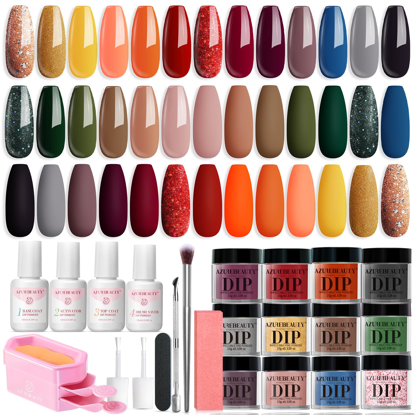 AZUREBEAUTY Dip Powder Nail Kit Starter – 20 Colors (Orange/Green/Glitter/Red) with Base & Top Coat, No Lamp Needed