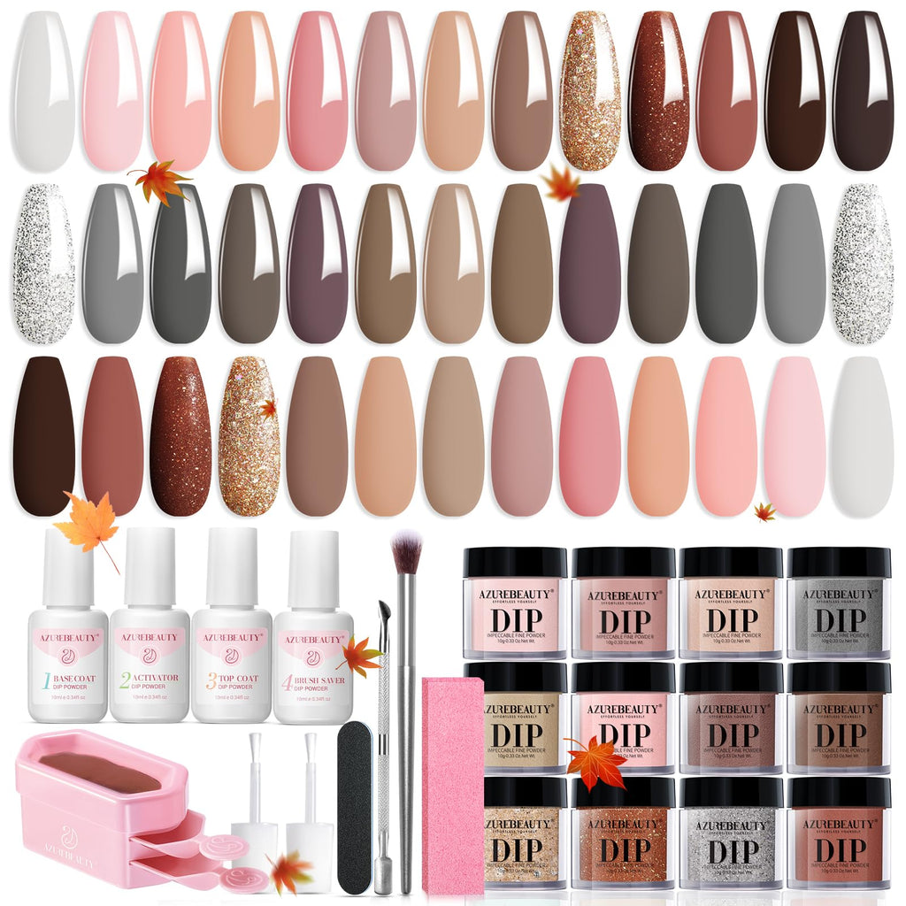 AZUREBEAUTY Dip Powder Nail Kit | 20 Neutral Browns & Base/Top/Activator