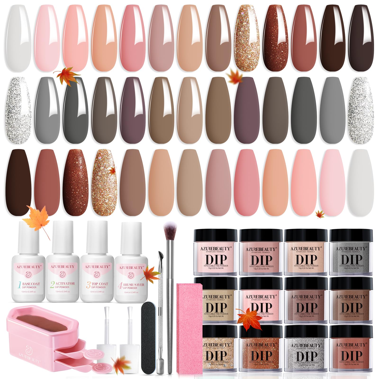 AZUREBEAUTY Dip Powder Nail Kit | 20 Neutral Browns & Base/Top/Activator
