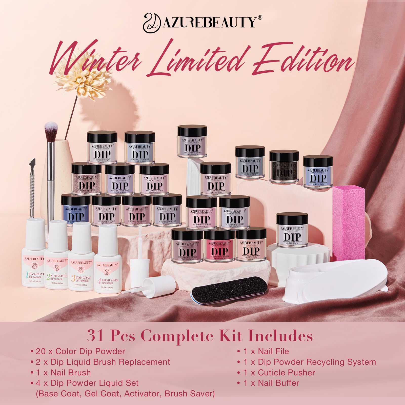 AZUREBEAUTY 31-Pcs Dip Powder Nail Kit Starter – 20 Colors & All-Season Shine