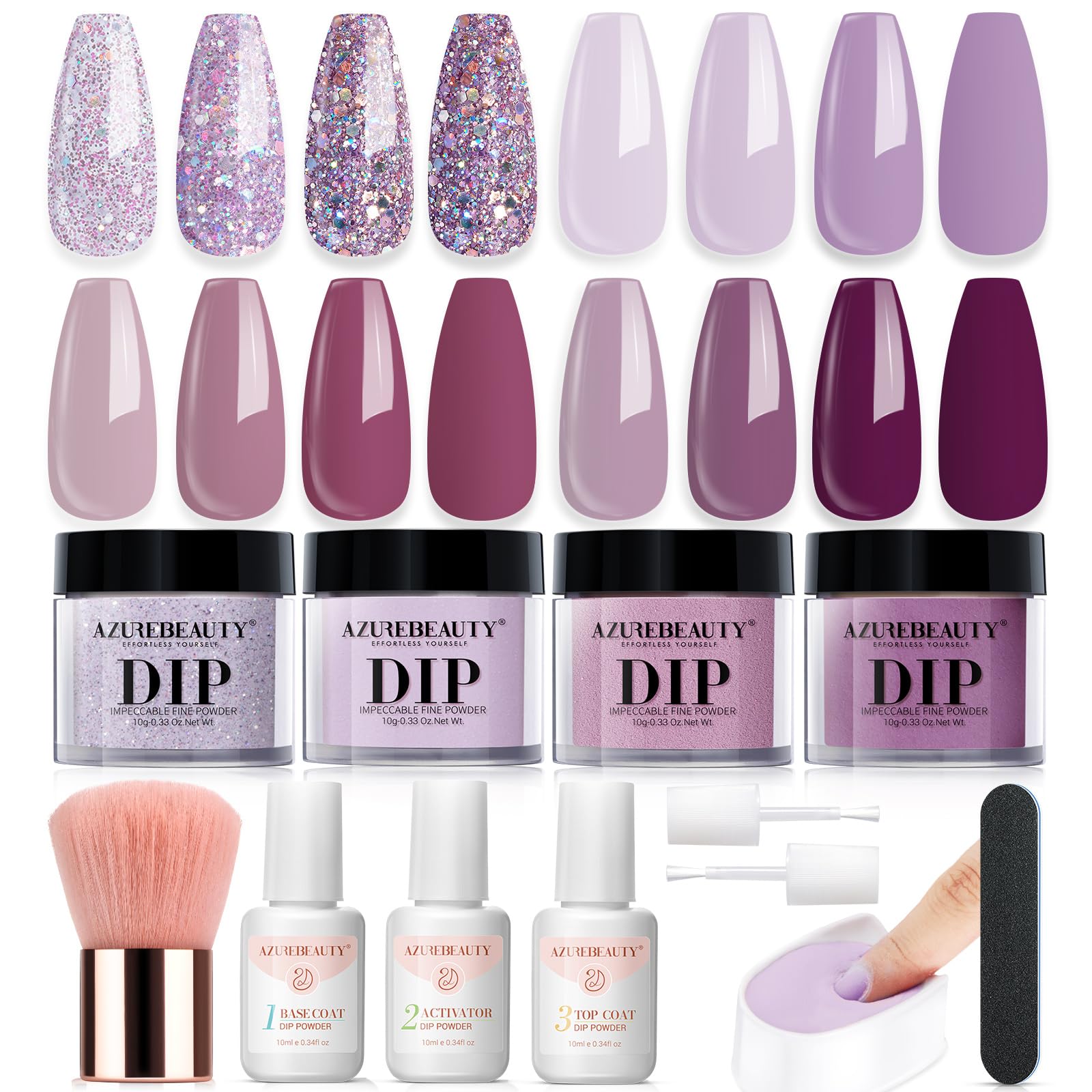 AZUREBEAUTY Dip Powder Nail Kit — 4-Color Set (Dark Purple, Lilac, Glitter) with Base, Top Coat & Activator