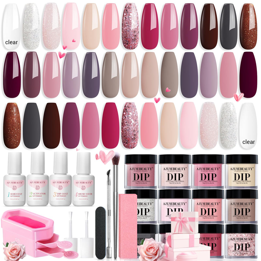 AZUREBEAUTY 31-Piece Dip Powder Nail Kit Starter — 20 Colors, No Lamp Needed, Base/Top/Activator