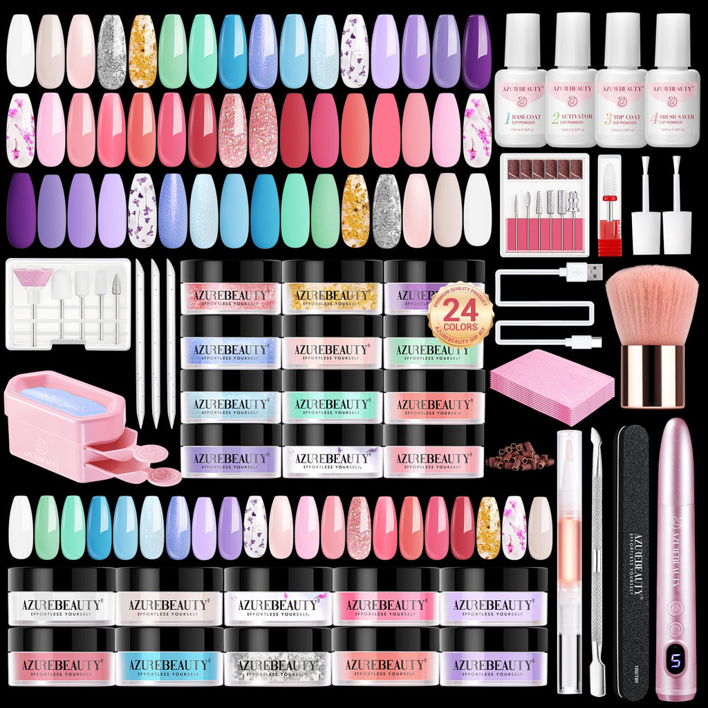 AZUREBEAUTY Dip Powder Nail Kit with Electric Nail Drill – 24 Macaron Colors, At-Home Starter Set