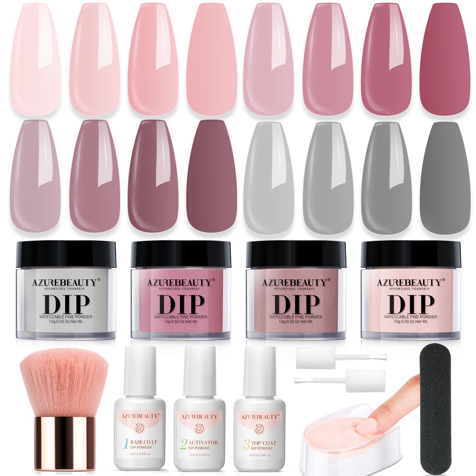 AZUREBEAUTY Dip Powder Nail Kit — 4-Color Set with Base, Activator & Top Coat
