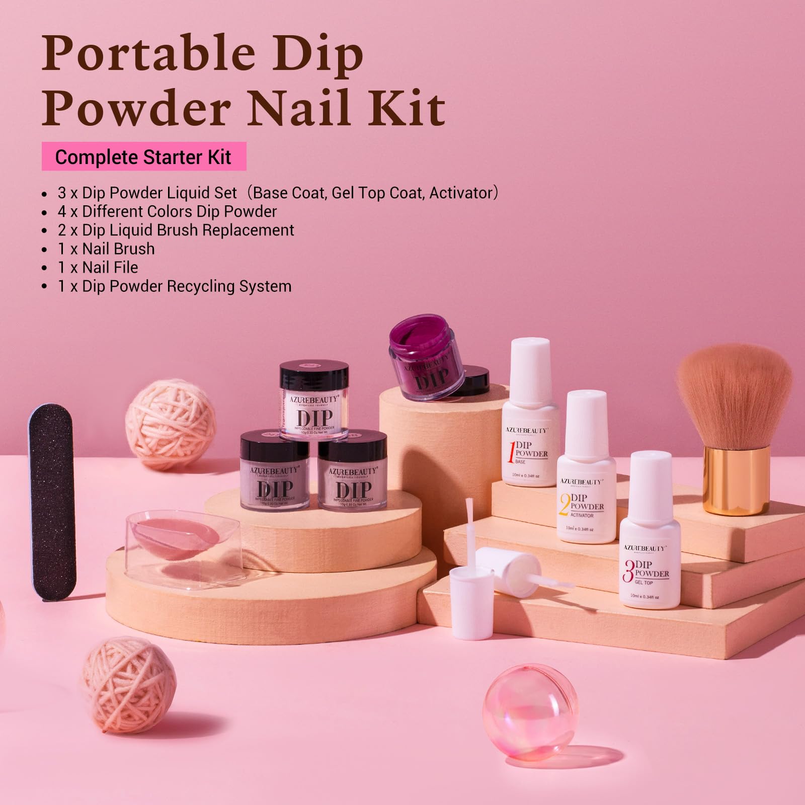 AZUREBEAUTY Dip Powder Nail Kit Starter – 4 Colors + Base/Top Coat, No Lamp, Beginner Friendly