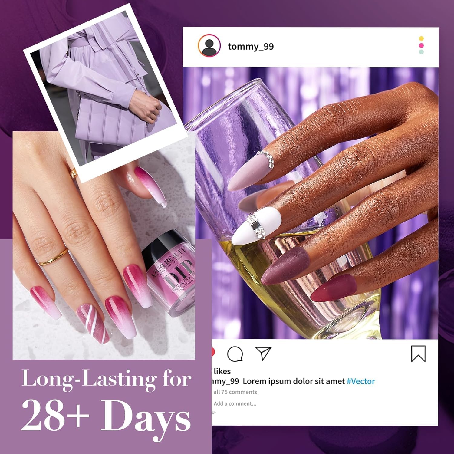 AZUREBEAUTY Dip Powder Nail Kit — 4-Color Set (Dark Purple, Lilac, Glitter) with Base, Top Coat & Activator