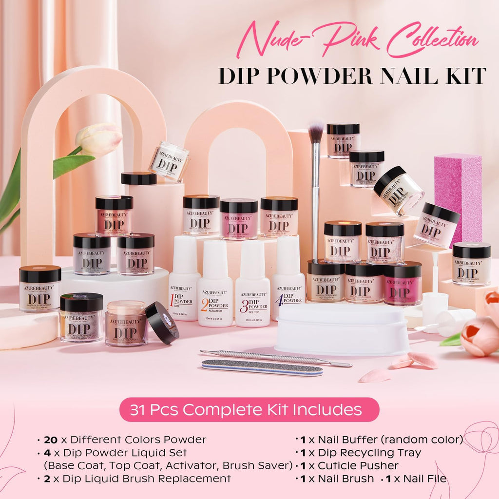 AZUREBEAUTY 31-Piece Dip Powder Nail Kit Starter — 20 Colors, No Lamp Needed, Base/Top/Activator