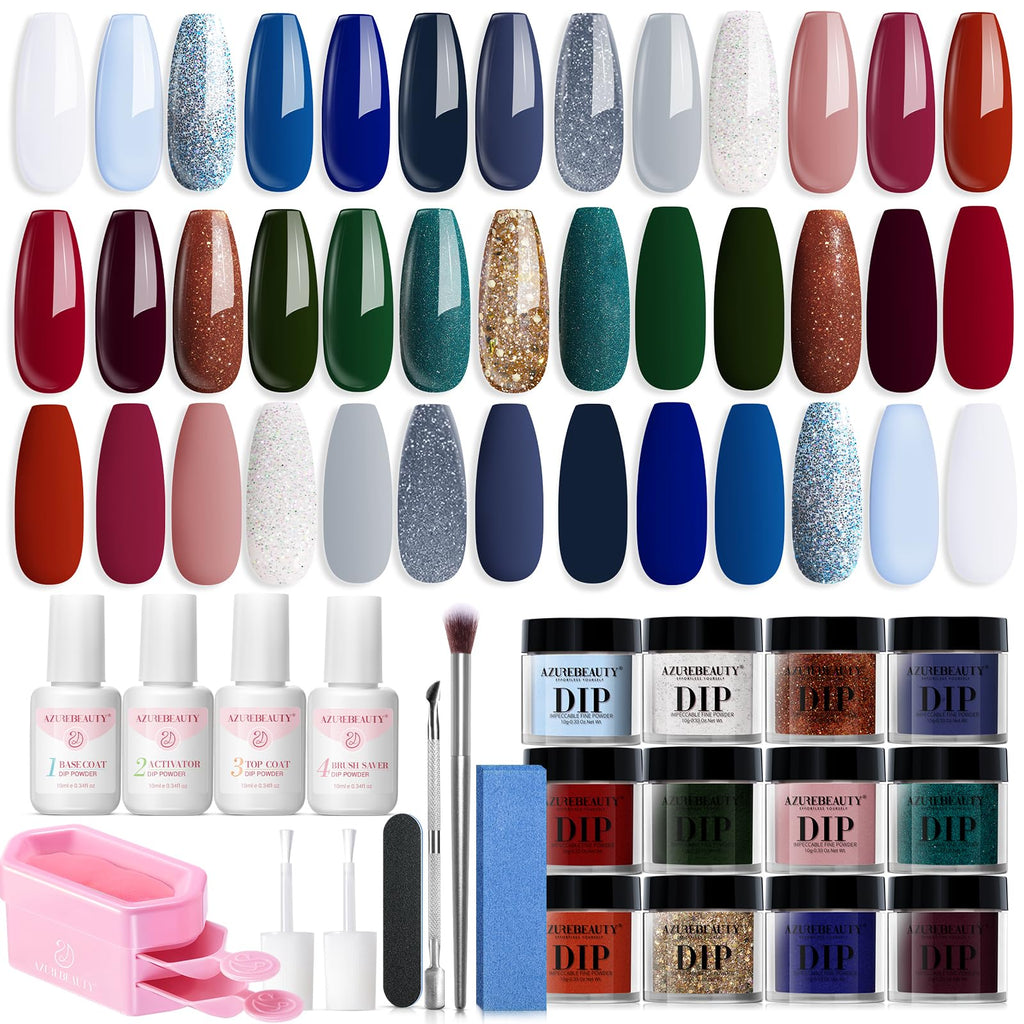 AZUREBEAUTY Dip Powder Nail Kit Starter – 20 Colors, 31 Pcs, No Lamp Needed, Gift Set (Summer Blue/Red/Green Glitter)
