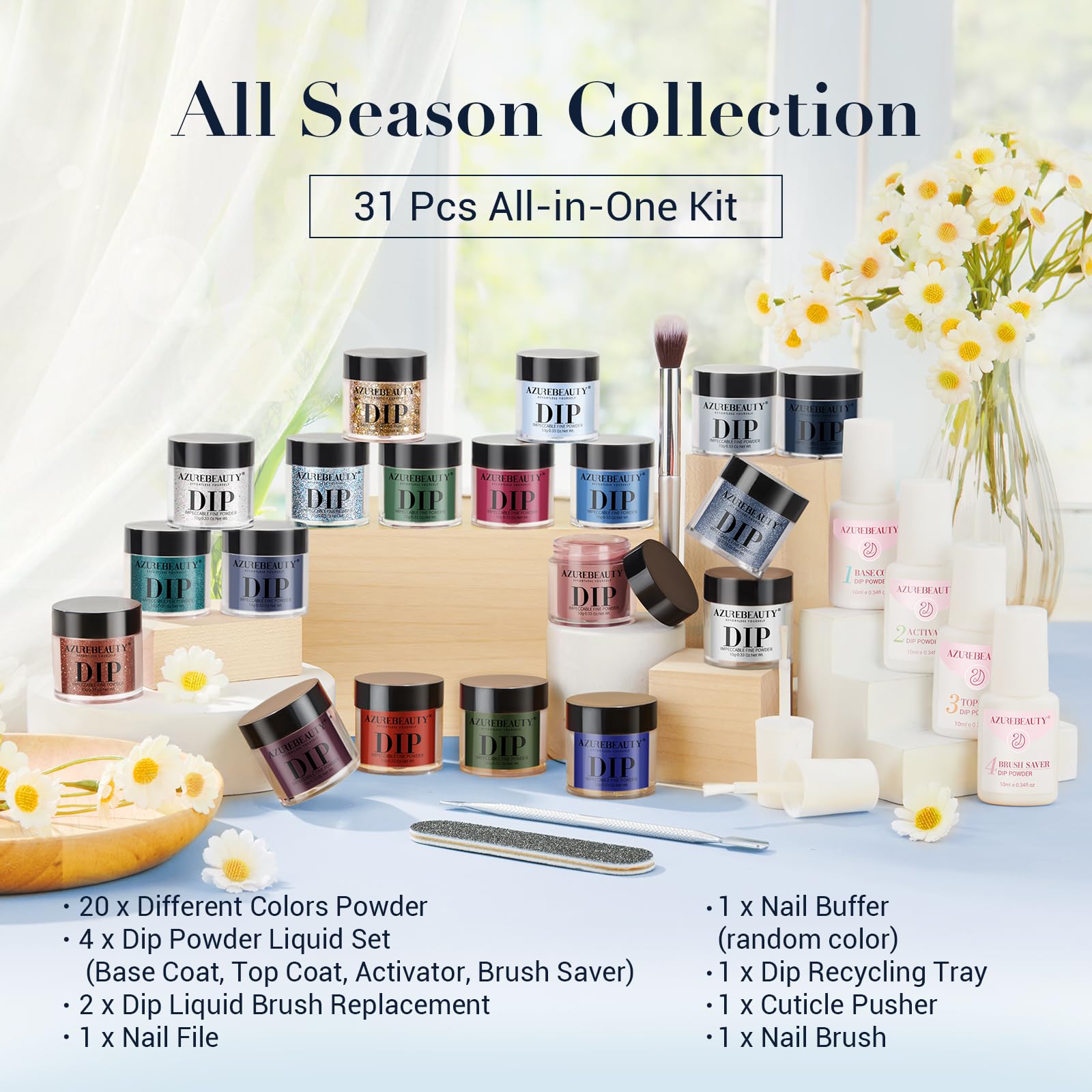 AZUREBEAUTY Dip Powder Nail Kit Starter – 20 Colors, 31 Pcs, No Lamp Needed, Gift Set (Summer Blue/Red/Green Glitter)