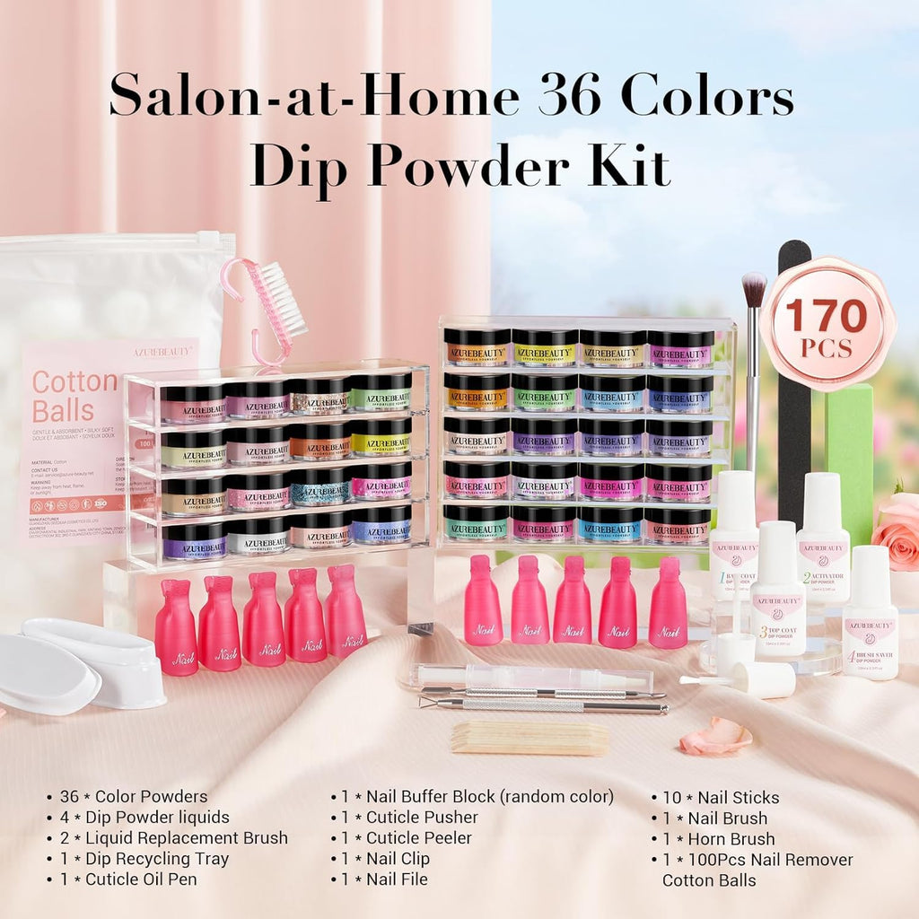 AZUREBEAUTY 170Pcs Dip Powder Nail Kit – 36 Neon Colors (Blue & Yellow), No Lamp Needed, Base/Top/Activator, Remover Kit