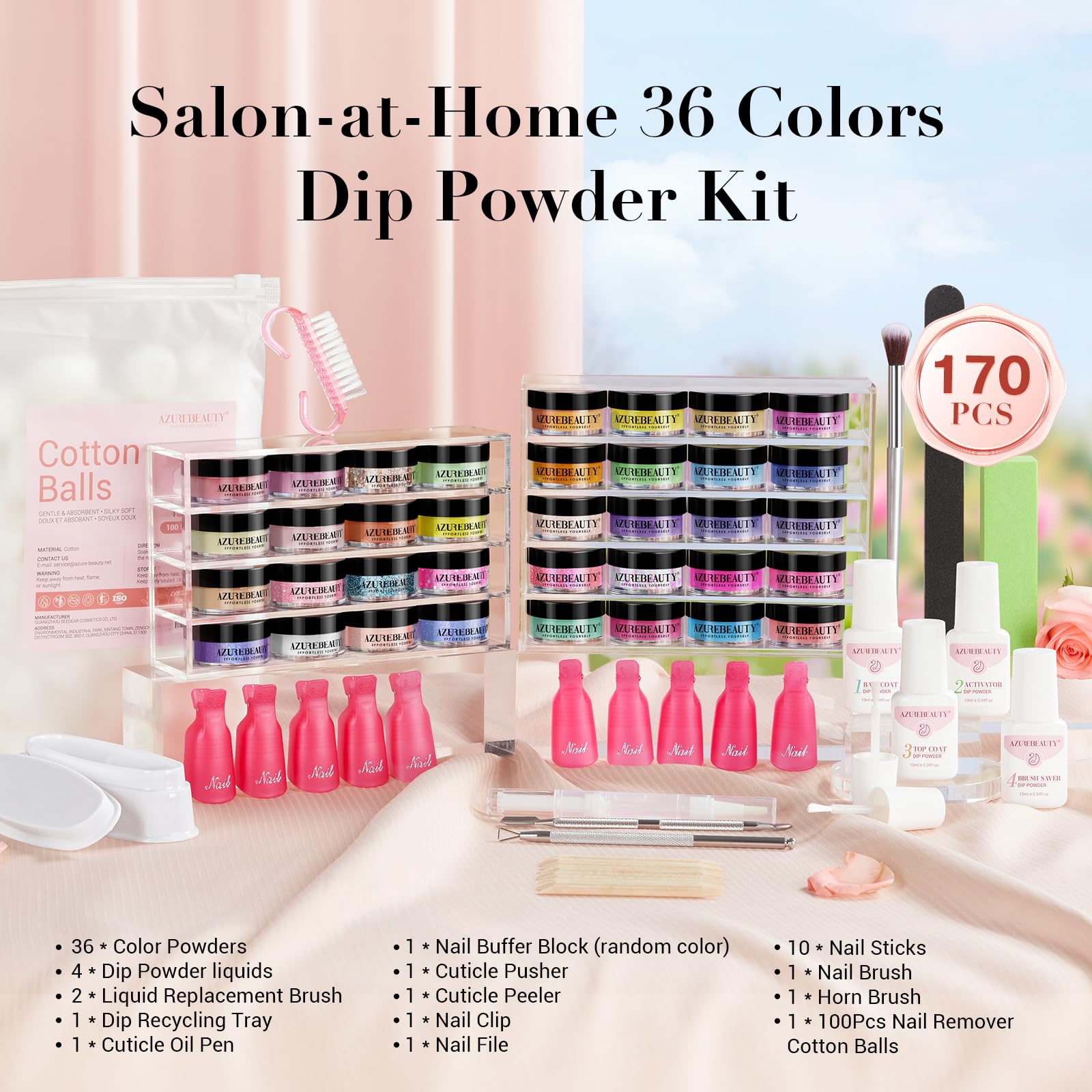 AZUREBEAUTY 170Pcs Dip Powder Nail Kit Starter – 36 Colors, No Lamp Needed