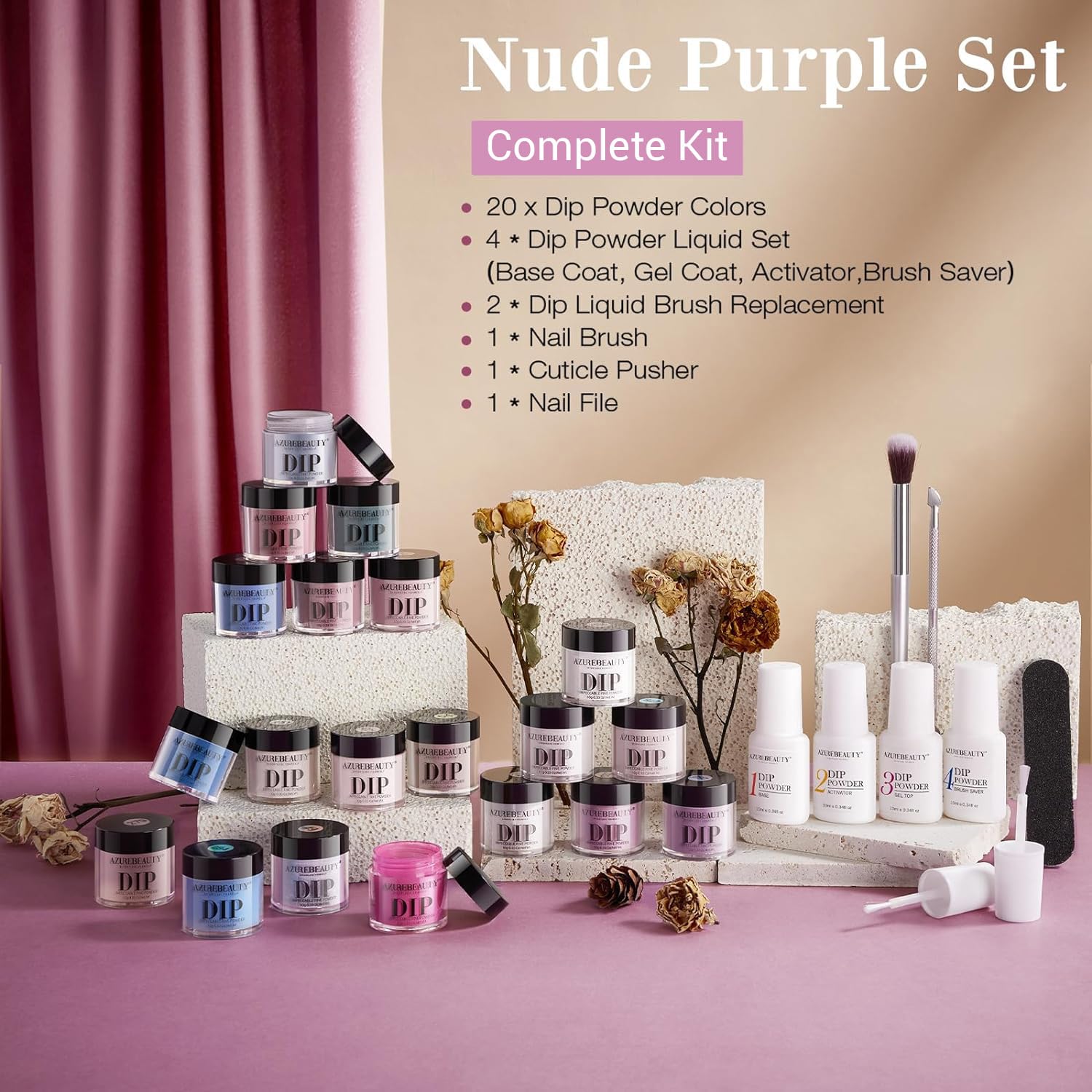 AZUREBEAUTY Dip Powder Nail Kit Starter — 20 Colors + Base/Top/Activator