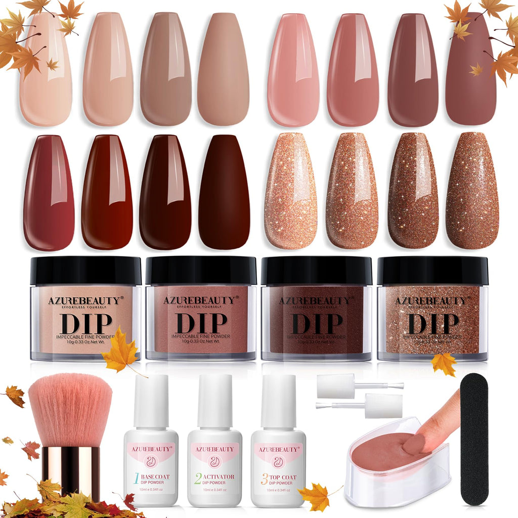 AZUREBEAUTY Dip Powder Nail Kit Starter — 4 Colors, No-Lamp, 12 Pcs with Base/Top Coat & Activator