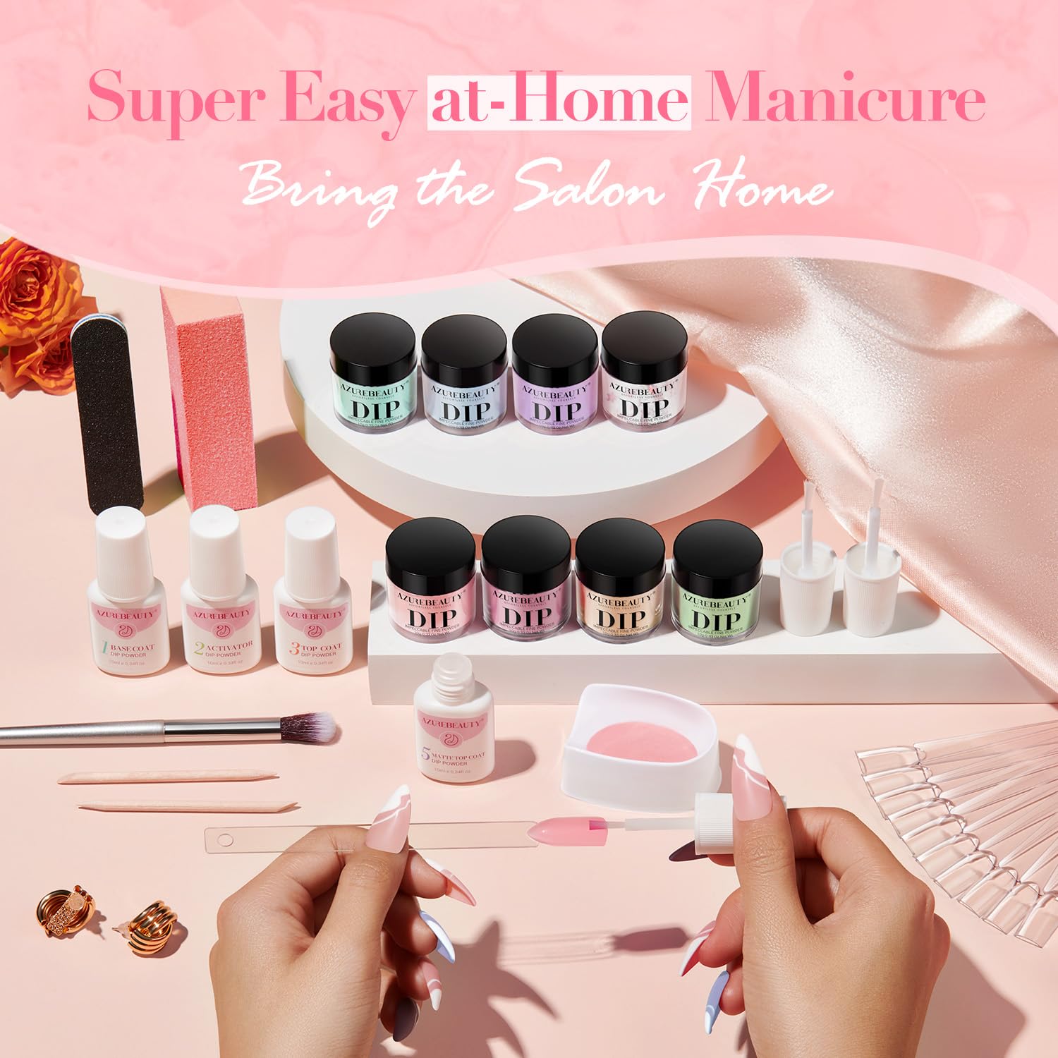 AZUREBEAUTY 30Pcs Dip Powder Kit Starter – 8 Summer Macarons Colors (Pink, Pastel Blue, Green Glitter) + Base/Activator/Matte Top Coat