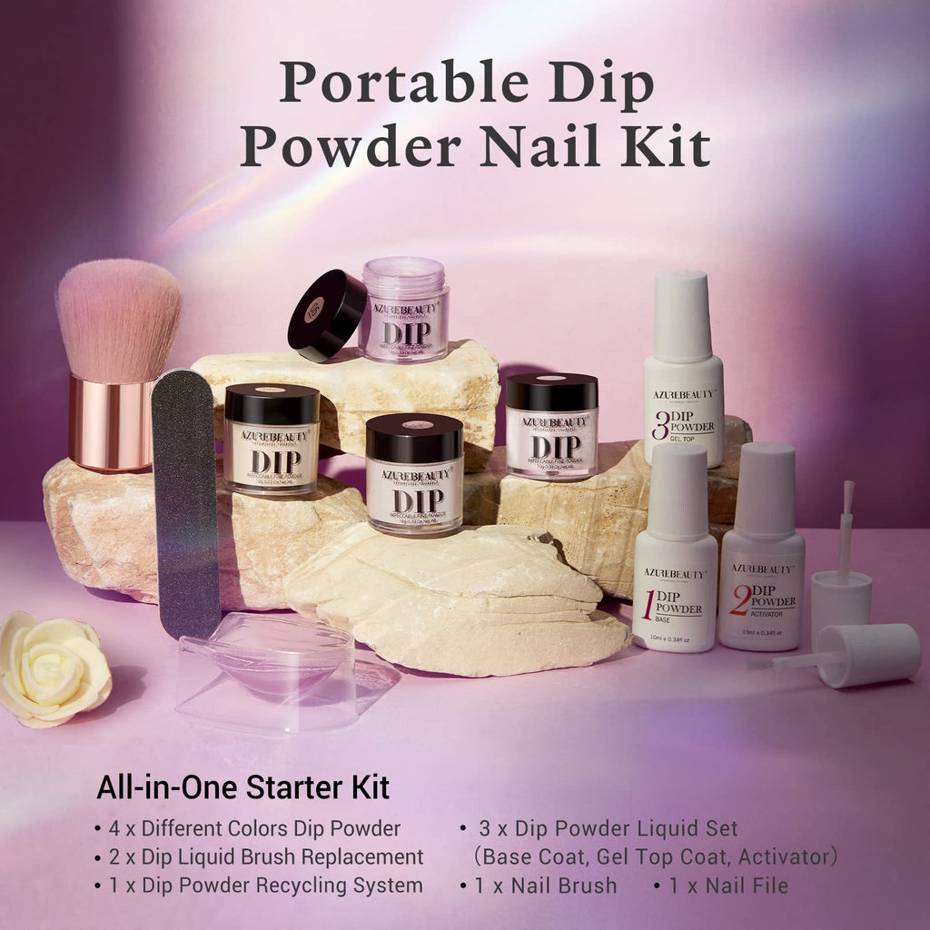 AZUREBEAUTY 4 Colors Dip Nails Powder Kit – Fall/Winter Brown & Purple with Base, Top Coat & Activator
