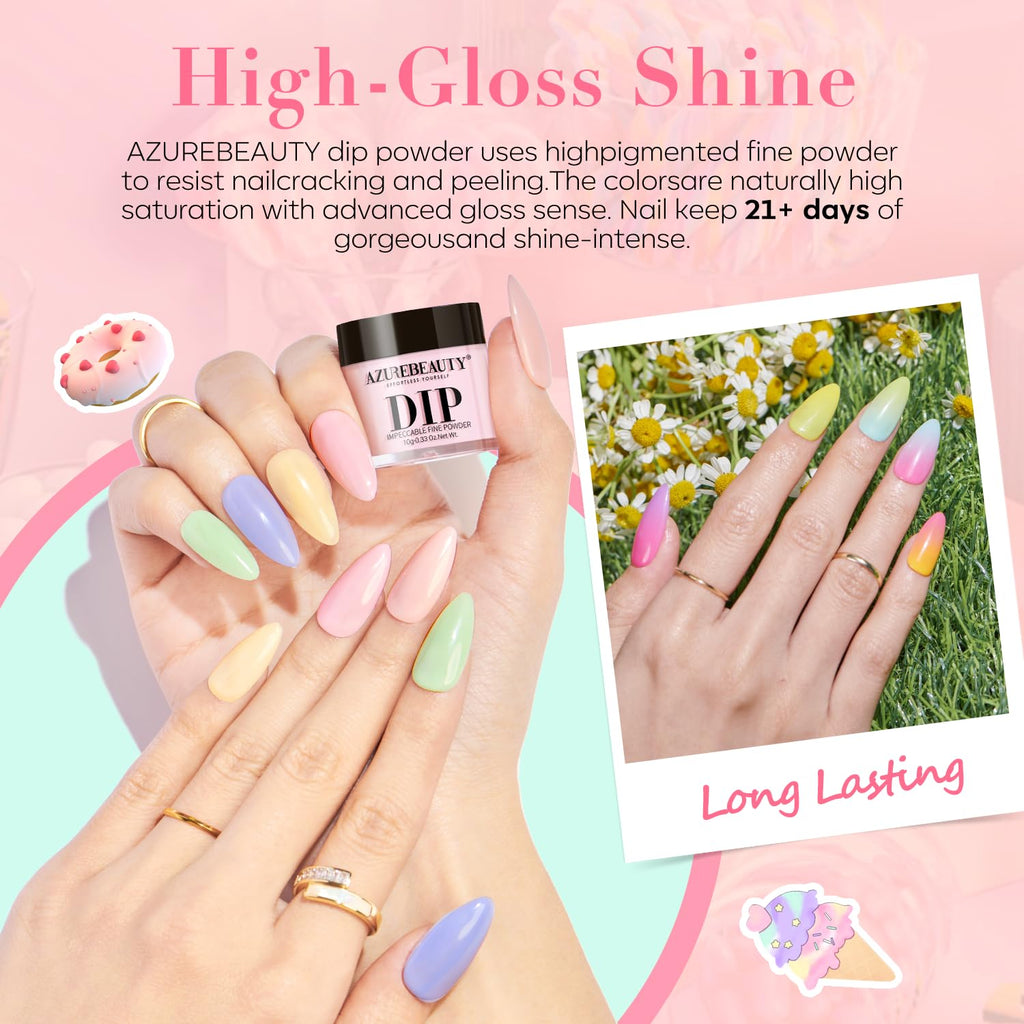 AZUREBEAUTY 30Pcs Dip Powder Kit Starter – 8 Summer Macarons Colors (Pink, Pastel Blue, Green Glitter) + Base/Activator/Matte Top Coat