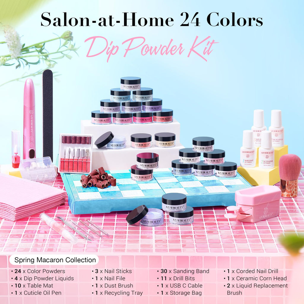 AZUREBEAUTY Dip Powder Nail Kit with Electric Nail Drill – 24 Macaron Colors, At-Home Starter Set