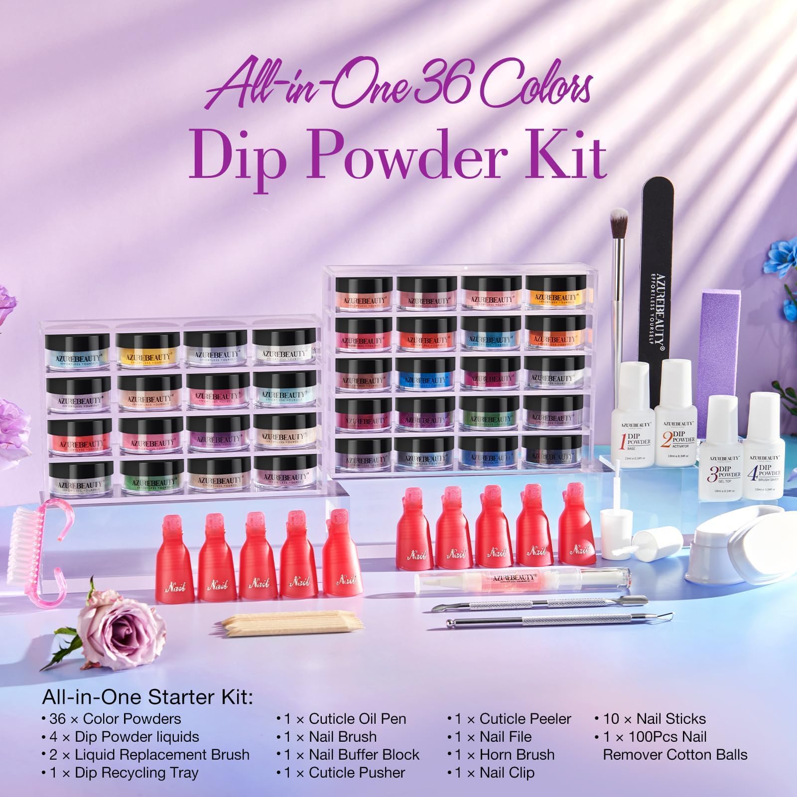 AZUREBEAUTY 170Pcs Dip Powder Nail Kit Starter – 36 Colors, No Lamp Needed
