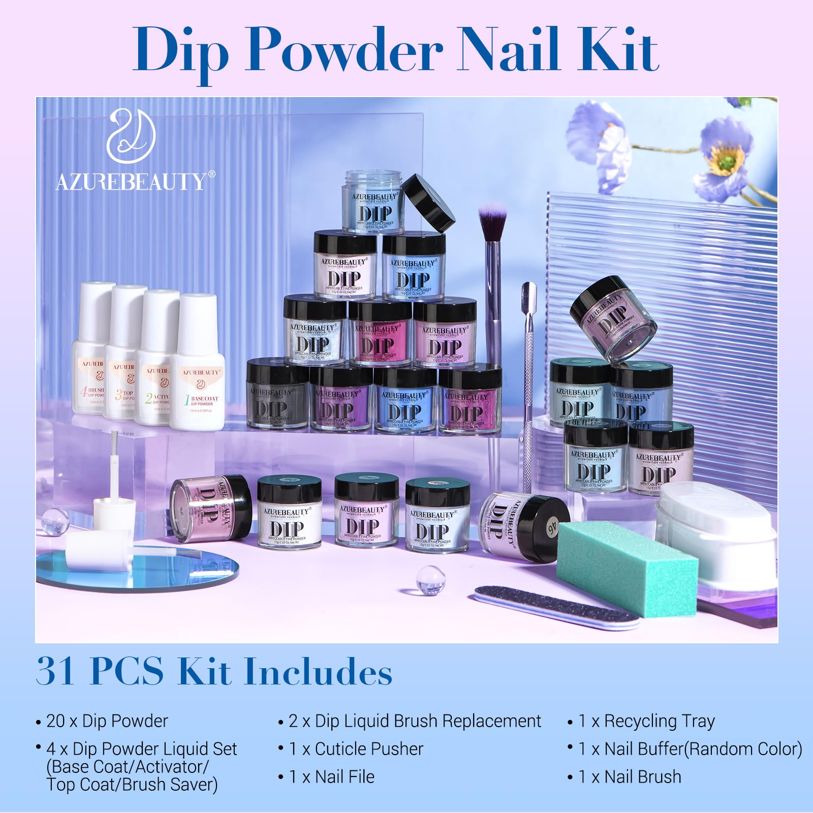 AZUREBEAUTY Dip Powder Nail Kit Starter – 31 Pcs, 20 Colors, Salon-Quality