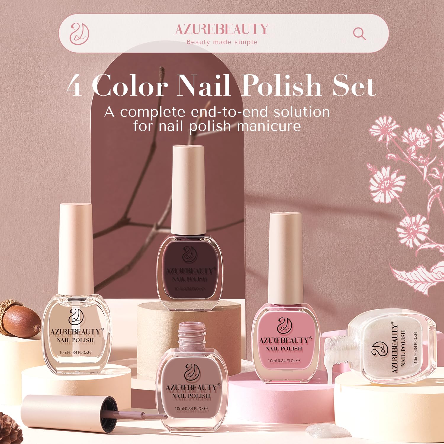 AZUREBEAUTY Nail Polish Set — 4 Colors + Top Coat, Quick-Dry, Natural Finish