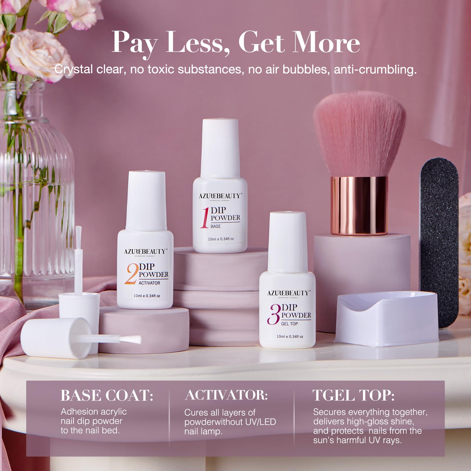 AZUREBEAUTY Dip Powder Nail Kit — 4-Color Set (Dark Purple, Lilac, Glitter) with Base, Top Coat & Activator