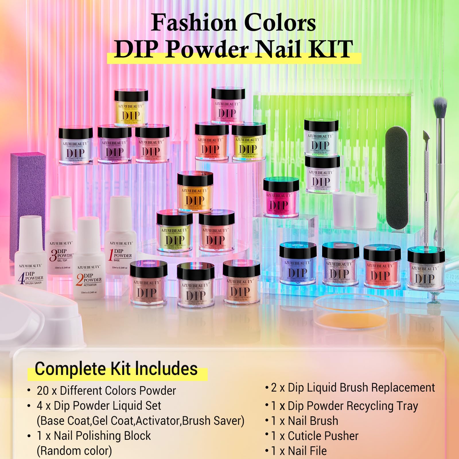 AZUREBEAUTY 31-Pcs Dip Powder Nail Kit Starter – 20 Neon Colors & Liquid Set