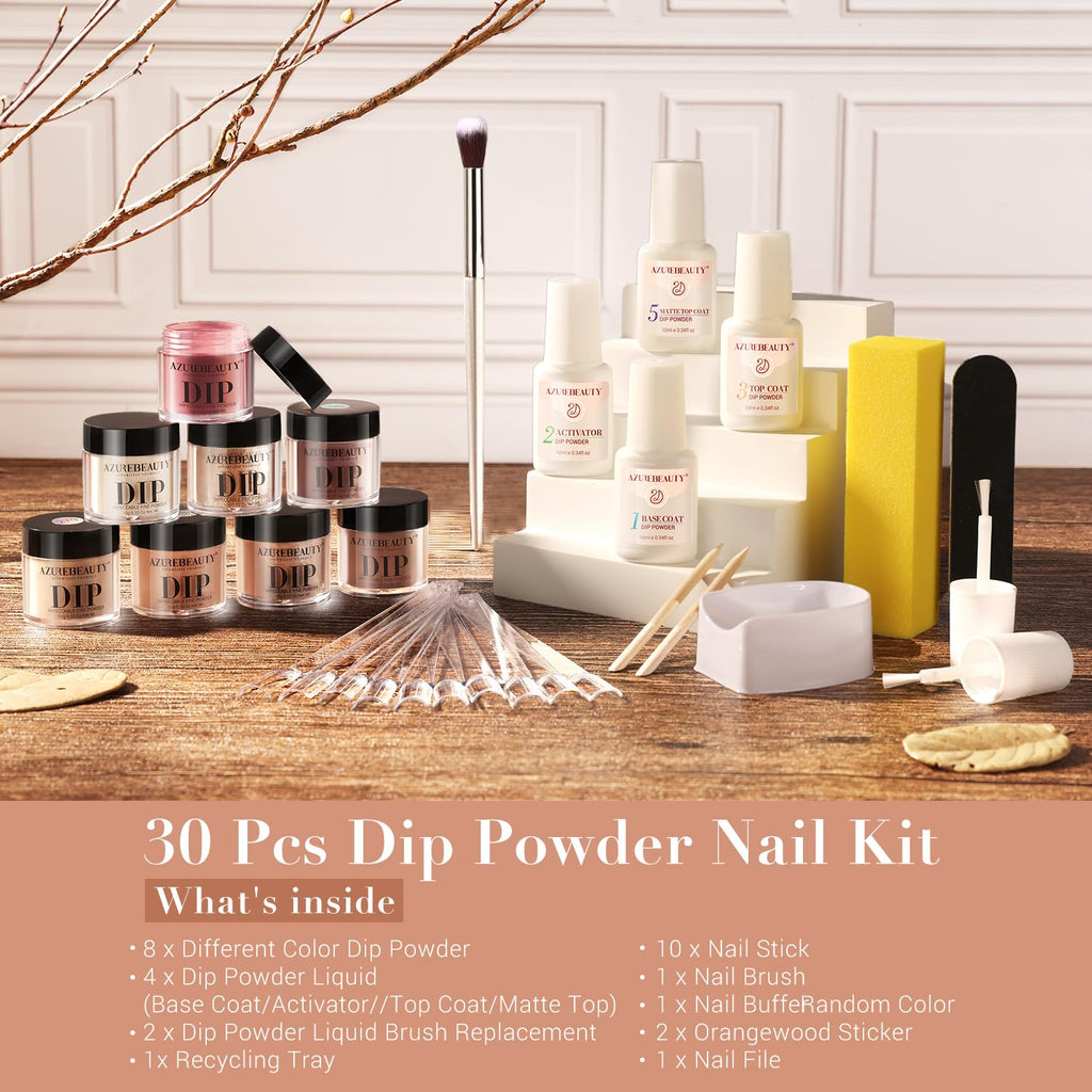 AZUREBEAUTY Dip Nails Powder Starter Kit – 8 Colors, No Lamp Needed, 30 Pcs