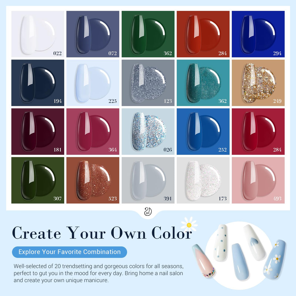 AZUREBEAUTY Dip Powder Nail Kit Starter – 20 Colors, 31 Pcs, No Lamp Needed, Gift Set (Summer Blue/Red/Green Glitter)